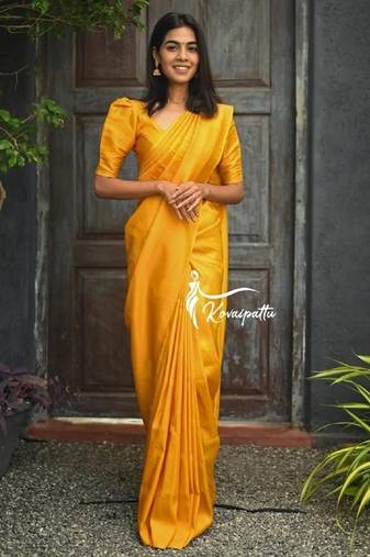 Yellow soft silk blend banarasi jacuard work designer party wear saree with unstitched blouse piece