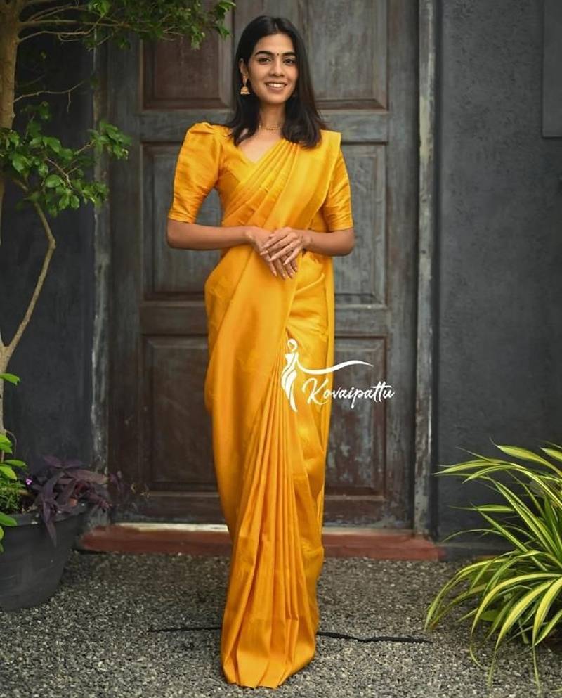 Yellow soft silk blend banarasi jacuard work designer party wear saree with unstitched blouse piece