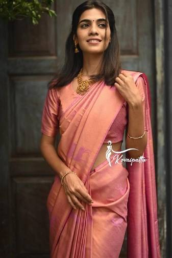 Baby pink soft silk blend banarasi jacuard work designer party wear saree with unstitched blouse piece