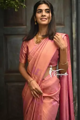 Baby pink soft silk blend banarasi jacuard work designer party wear saree with unstitched blouse piece