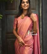 Baby pink silk blend banarasi saree with unstitched blouse piece