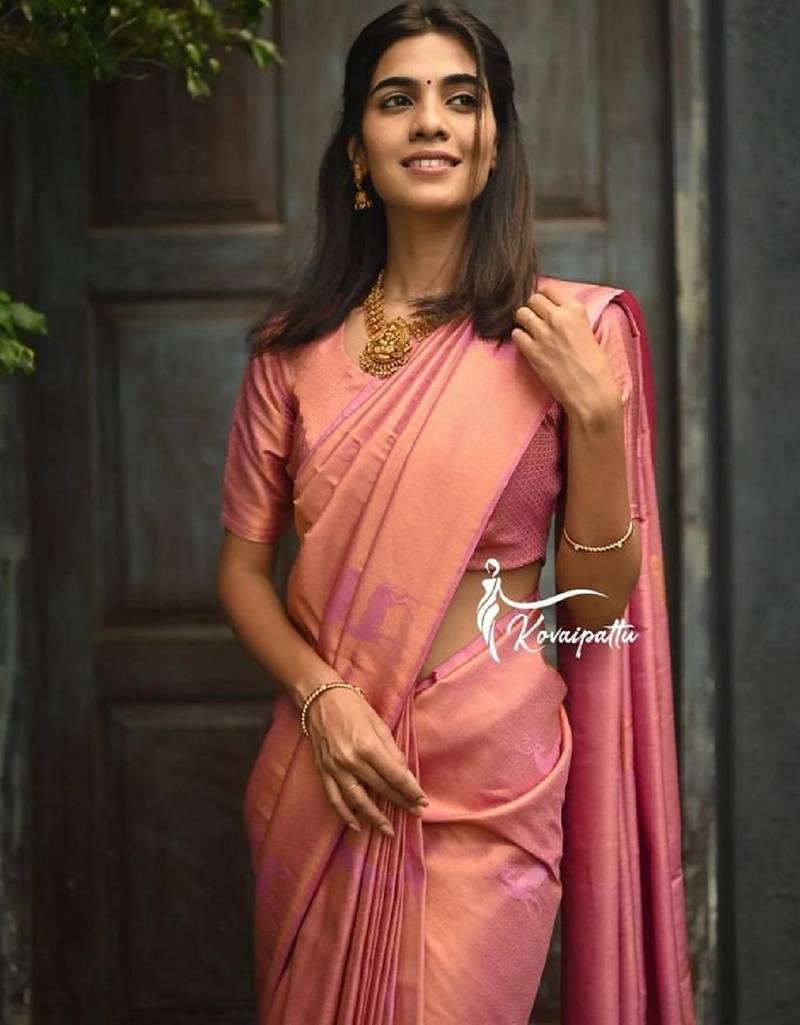 Baby pink soft silk blend banarasi jacuard work designer party wear saree with unstitched blouse piece