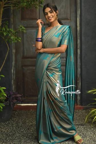 Turquoise soft silk blend banarasi jacuard work designer party wear saree with unstitched blouse piece