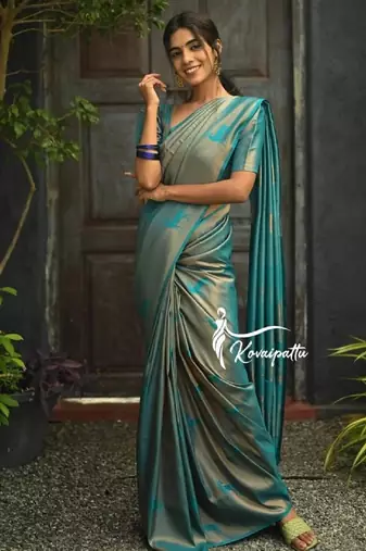 Turquoise soft silk blend banarasi jacuard work designer party wear saree with unstitched blouse piece
