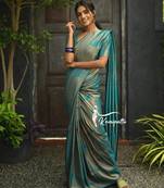 Turquoise silk blend banarasi saree with unstitched blouse piece