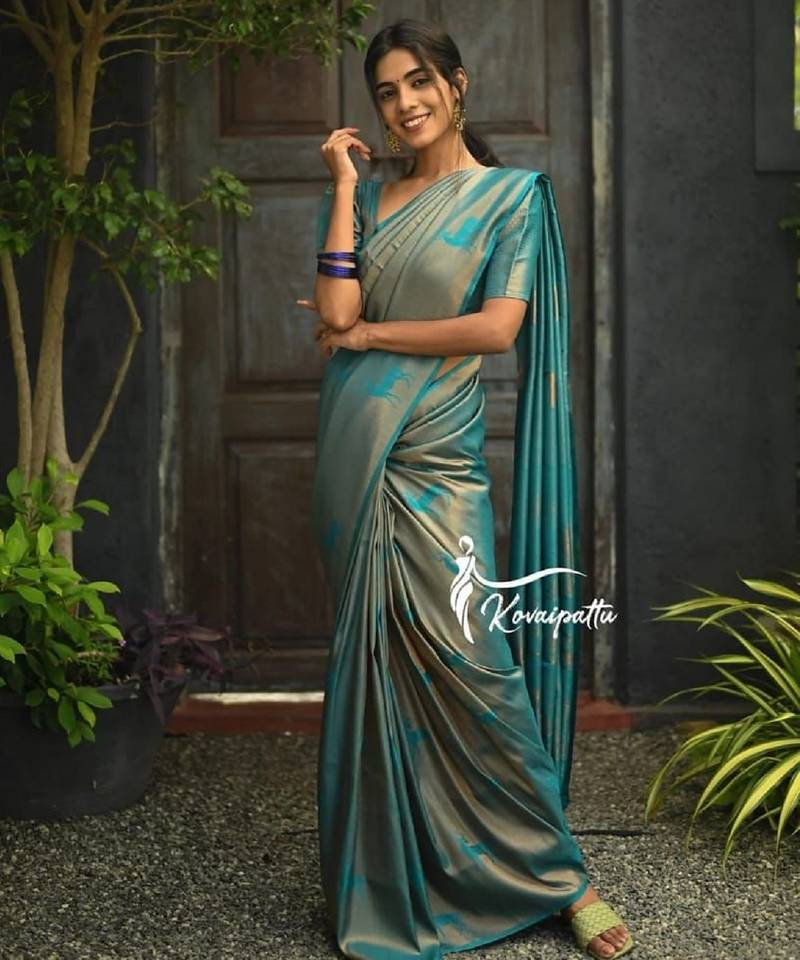 Turquoise soft silk blend banarasi jacuard work designer party wear saree with unstitched blouse piece
