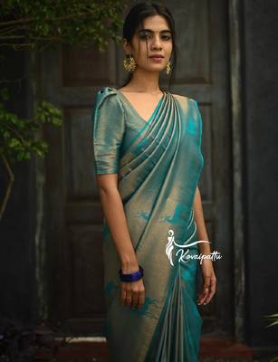 Turquoise silk blend banarasi saree with unstitched blouse piece 2