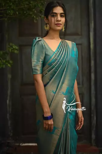 Turquoise silk blend banarasi saree with unstitched blouse piece