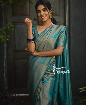 Turquoise silk blend banarasi saree with unstitched blouse piece 3