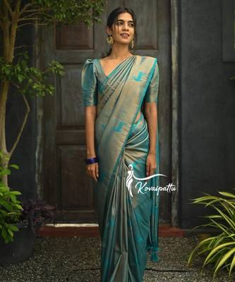Turquoise silk blend banarasi saree with unstitched blouse piece 4