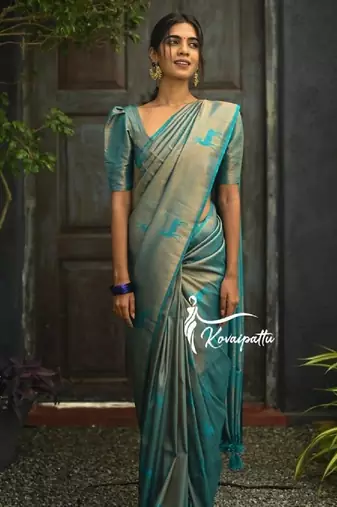 Turquoise silk blend banarasi saree with unstitched blouse piece