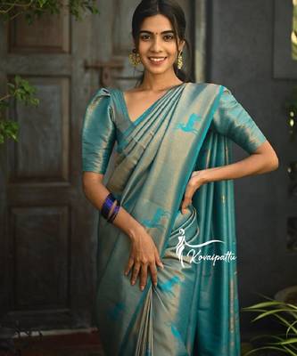 Turquoise silk blend banarasi saree with unstitched blouse piece 5