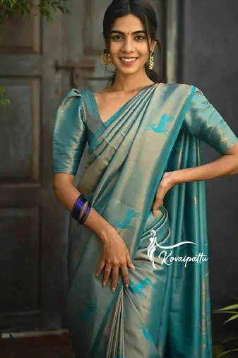 Turquoise silk blend banarasi saree with unstitched blouse piece