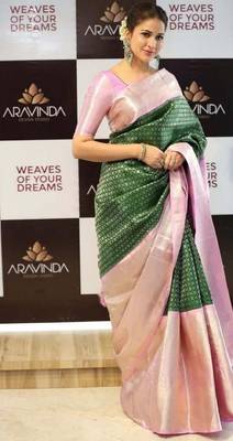 Green baby pink silk blend banarasi saree with unstitched blouse piece 1