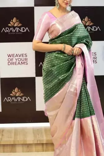 Green baby pink soft silk blend banarasi jacuard work designer party wear saree with unstitched blouse piece