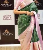 Green baby pink silk blend banarasi saree with unstitched blouse piece