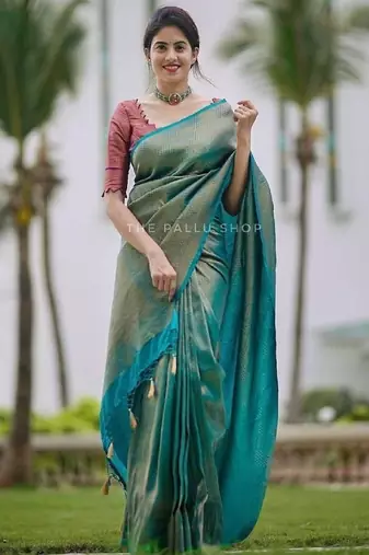 Sky blue soft silk blend banarasi jacuard work designer party wear saree with unstitched blouse piece