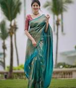 Sky blue silk blend banarasi saree with unstitched blouse piece