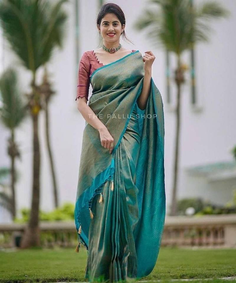 Sky blue soft silk blend banarasi jacuard work designer party wear saree with unstitched blouse piece