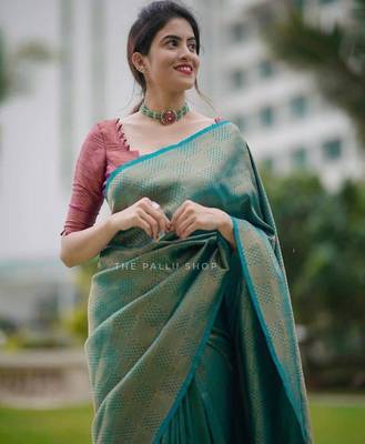 Sky blue silk blend banarasi saree with unstitched blouse piece 2