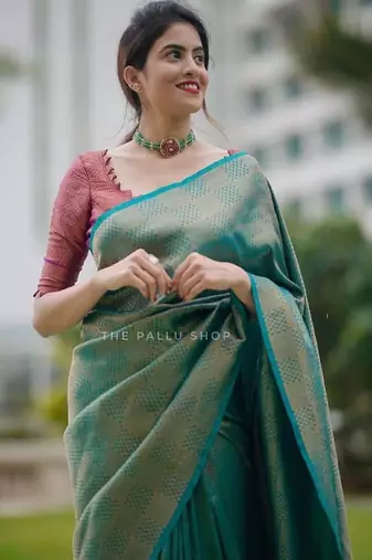 Sky blue silk blend banarasi saree with unstitched blouse piece