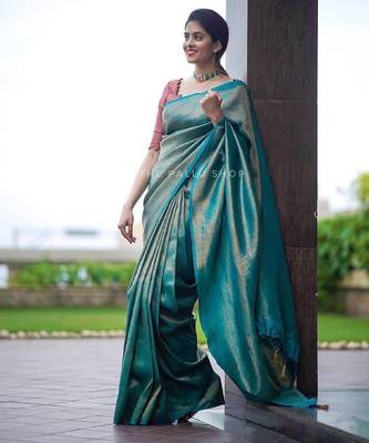 Sky blue silk blend banarasi saree with unstitched blouse piece 3