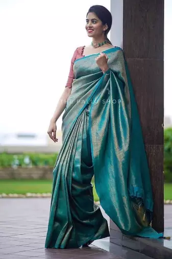 Sky blue silk blend banarasi saree with unstitched blouse piece
