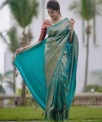 Sky blue silk blend banarasi saree with unstitched blouse piece 4