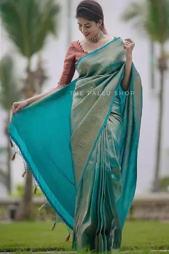 Sky blue silk blend banarasi saree with unstitched blouse piece