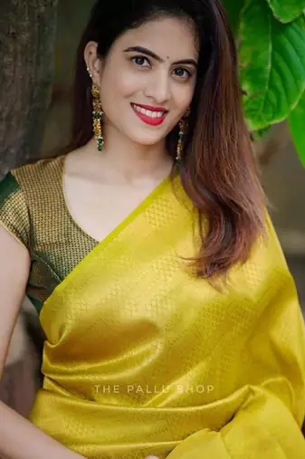 Yellow soft silk blend banarasi jacuard work designer party wear saree with unstitched blouse piece