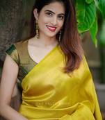 Yellow soft silk blend banarasi jacuard work designer party wear saree with unstitched blouse piece