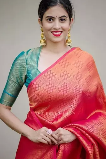 Red soft silk blend banarasi jacuard work designer party wear saree with unstitched blouse piece