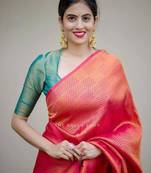 Red soft silk blend banarasi jacuard work designer party wear saree with unstitched blouse piece