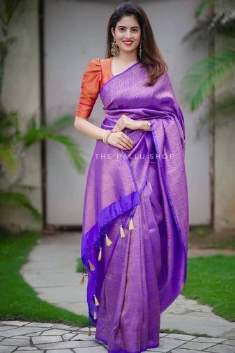 Purple soft silk blend banarasi jacuard work designer party wear saree with unstitched blouse piece