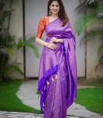 Purple silk blend banarasi saree with unstitched blouse piece