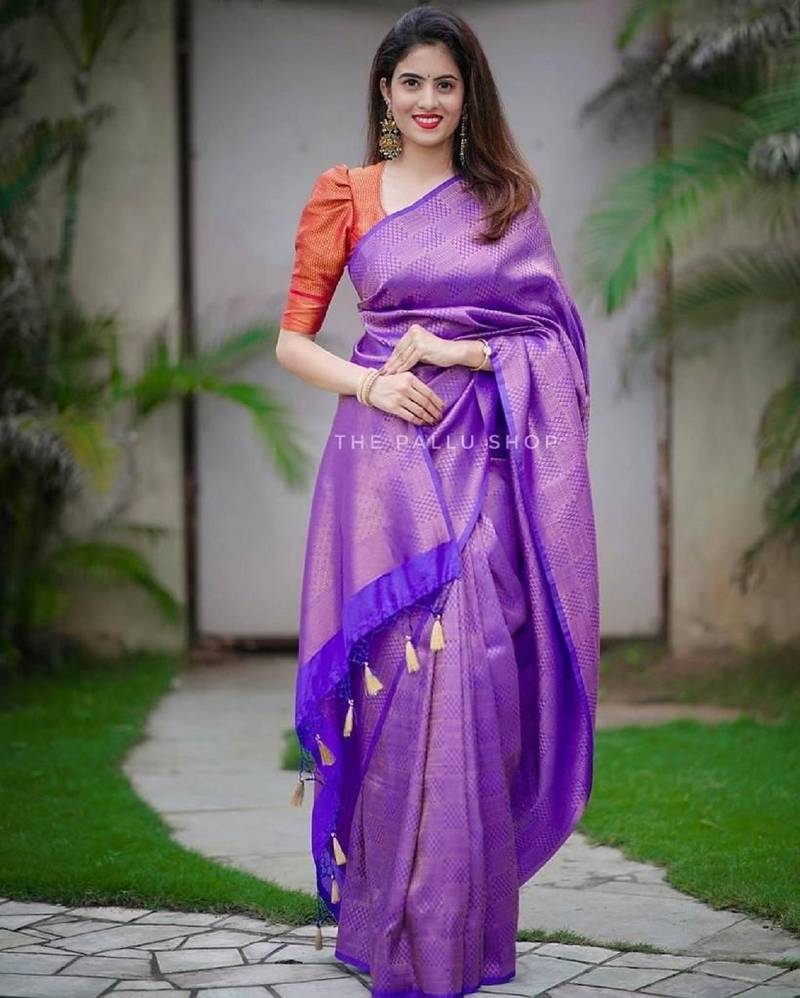 Purple soft silk blend banarasi jacuard work designer party wear saree with unstitched blouse piece