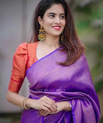 Purple silk blend banarasi saree with unstitched blouse piece 2