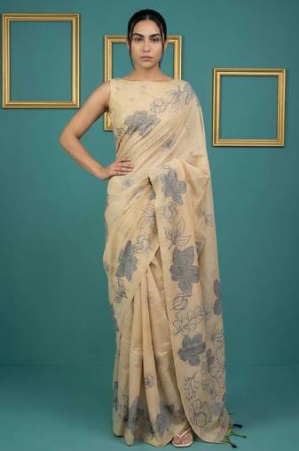 Beige muga cotton resham weaving pencil art saree with matching blouse piece