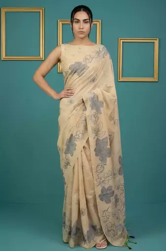 Beige muga cotton resham weaving pencil art saree with matching blouse piece