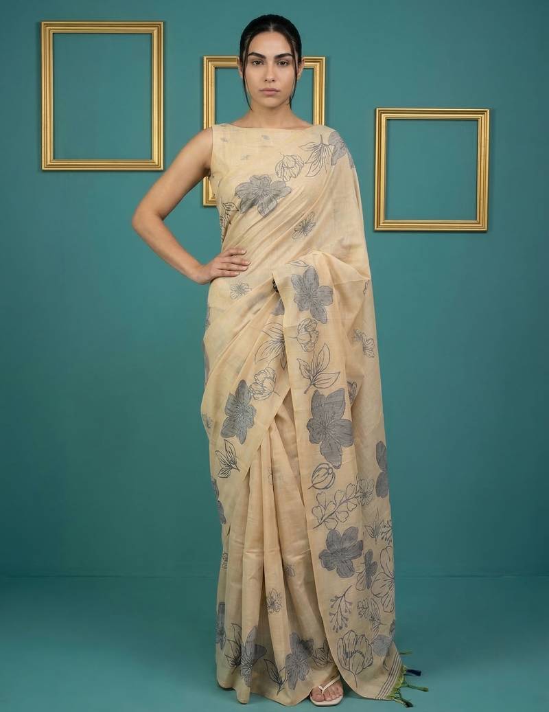 Beige muga cotton resham weaving pencil art saree with matching blouse piece