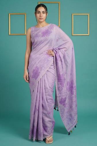 Lavender muga cotton resham weaving pencil art saree with matching blouse piece