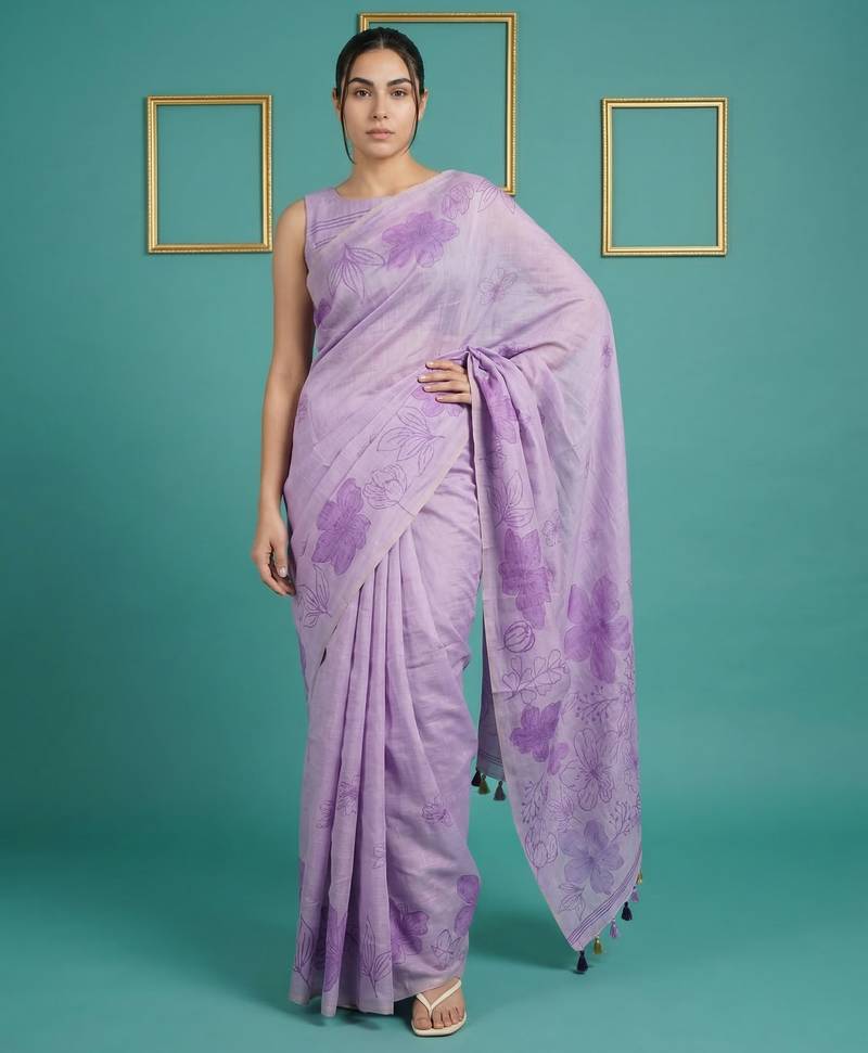 Lavender muga cotton resham weaving pencil art saree with matching blouse piece