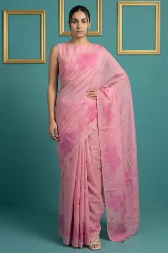 Pink muga cotton resham weaving pencil art saree with matching blouse piece