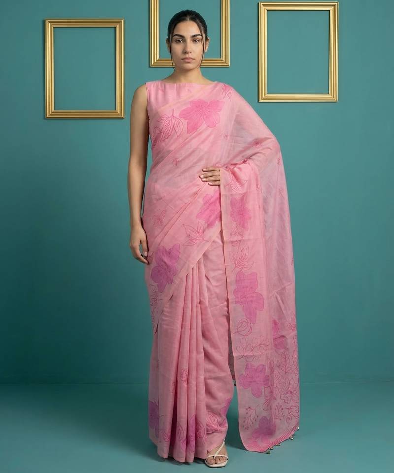 Pink muga cotton resham weaving pencil art saree with matching blouse piece