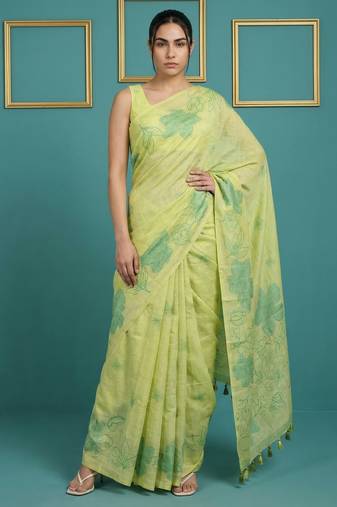 Green muga cotton resham weaving pencil art saree with matching blouse piece