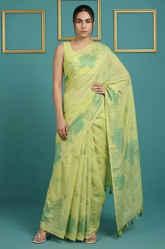 Green muga cotton resham weaving pencil art saree with matching blouse piece