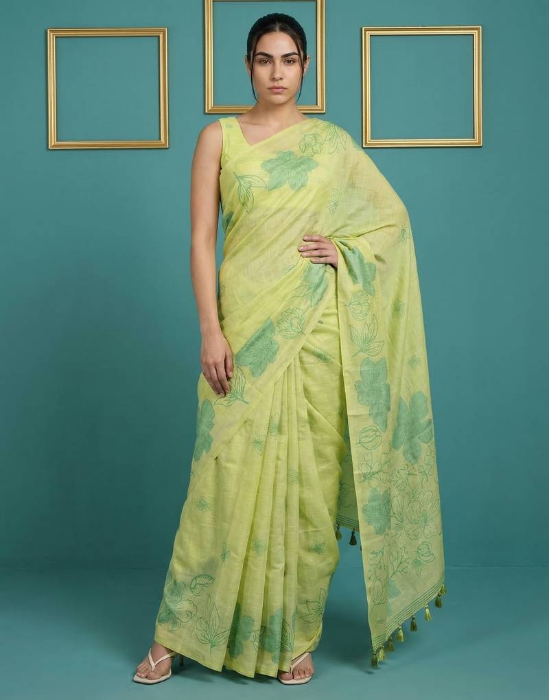 Green muga cotton resham weaving pencil art saree with matching blouse piece