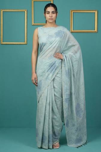 Sea green muga cotton resham weaving pencil art saree with matching blouse piece