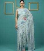 Sea green muga cotton resham weaving pencil art saree with matching blouse piece