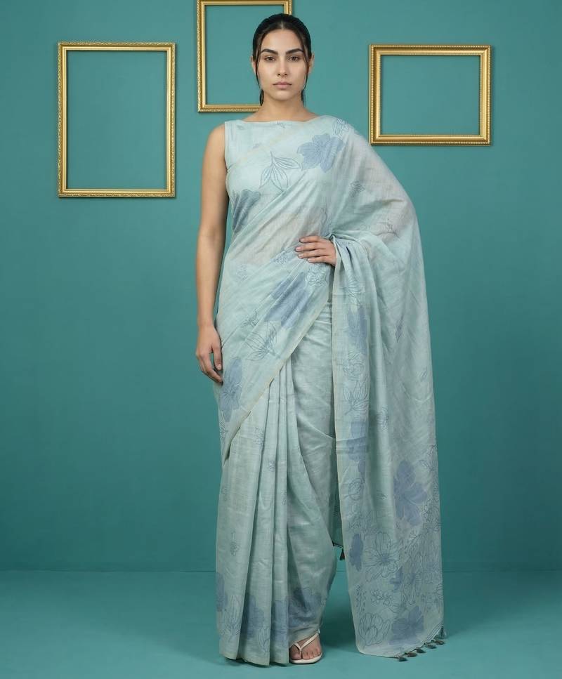 Sea green muga cotton resham weaving pencil art saree with matching blouse piece